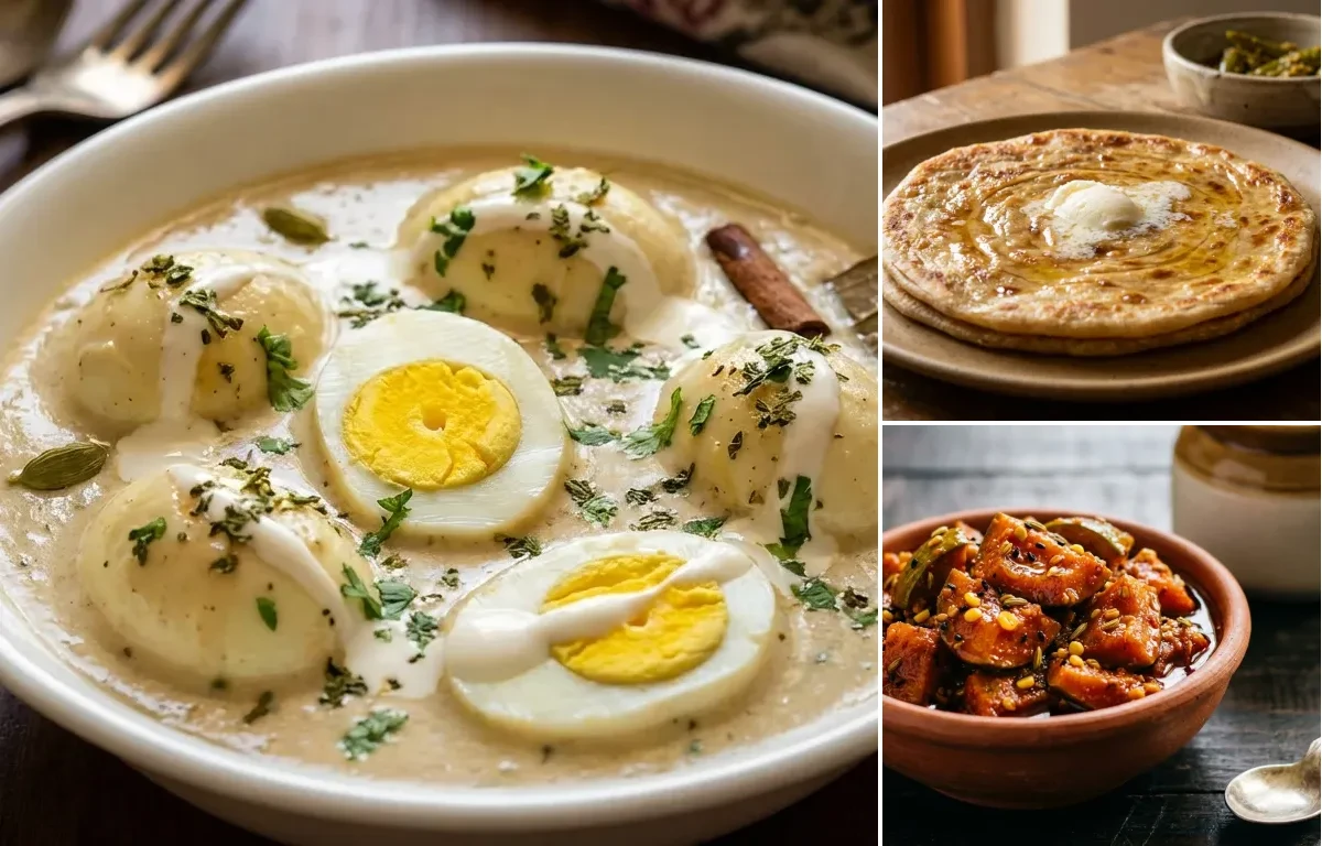 Malai Egg Curry with Paratha and Mango Pickle