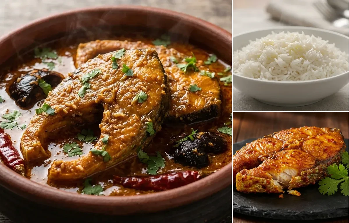 Malvani Fish Curry with Steamed Basmati Rice and Masala Fried Fish Slice