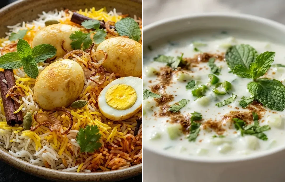 Mangalorean Egg Biryani with Cucumber Raita