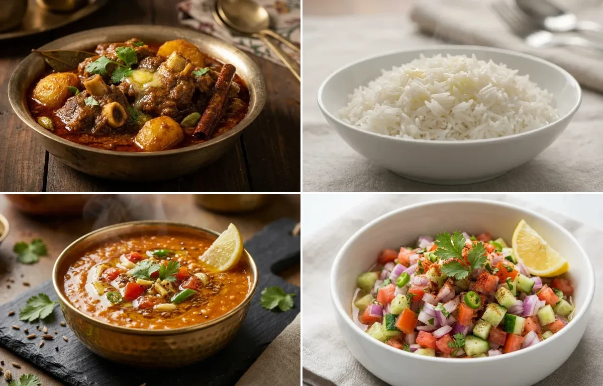 Mangsho Bhuna with Steamed Basmati Rice and Masoor Dal Tadka