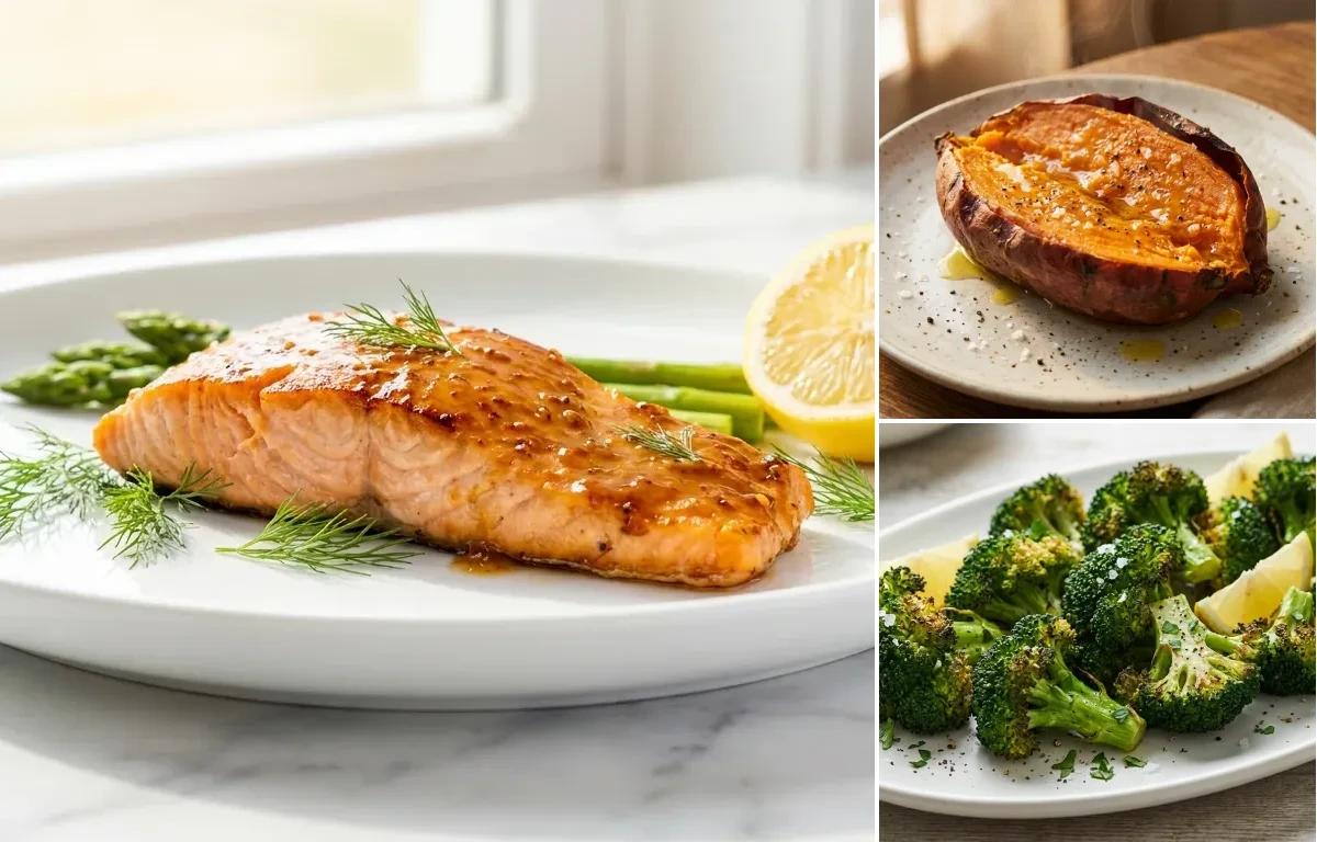 Maple Mustard Salmon with Baked Sweet Potato with Roasted Broccoli