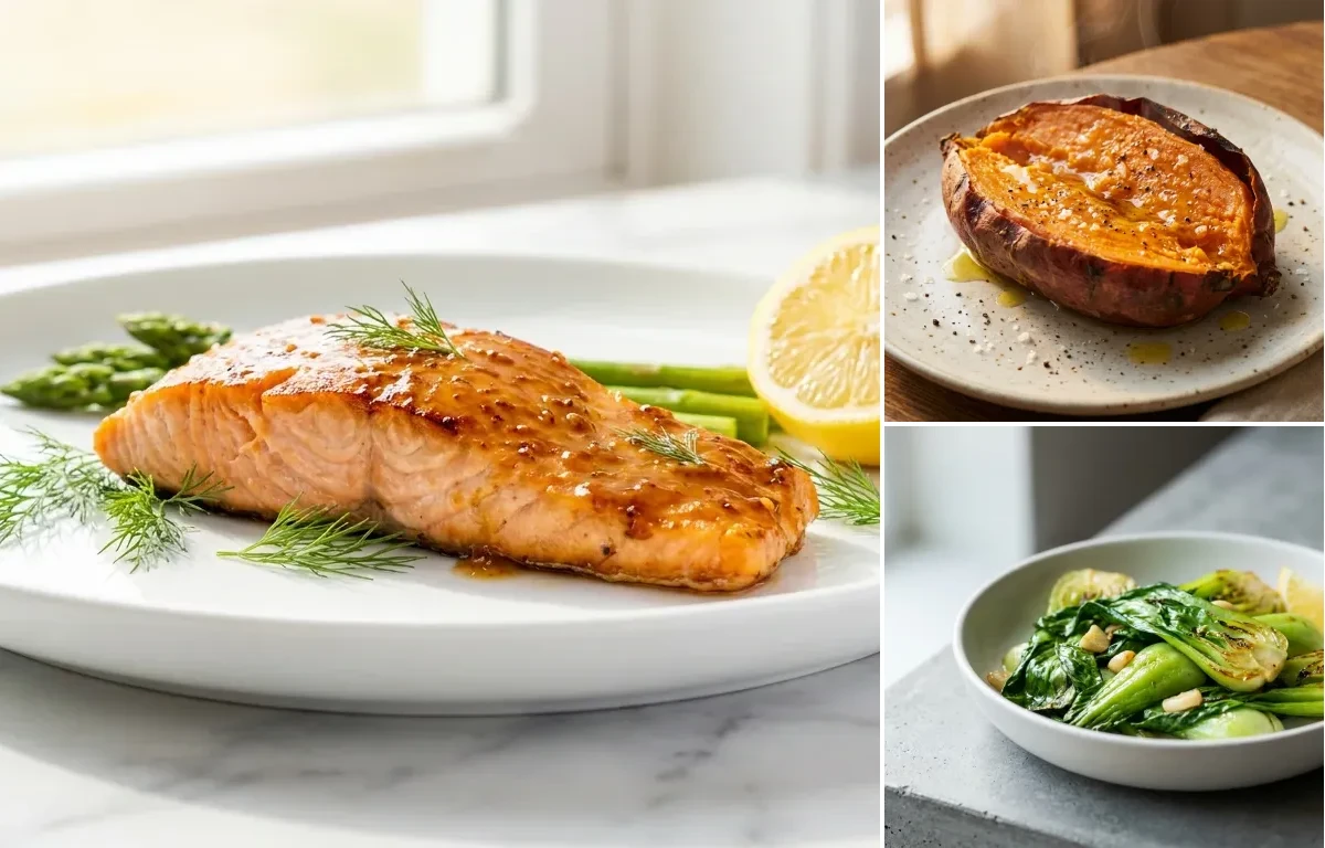 Maple Mustard Salmon with Baked Sweet Potato with Sauted Kale