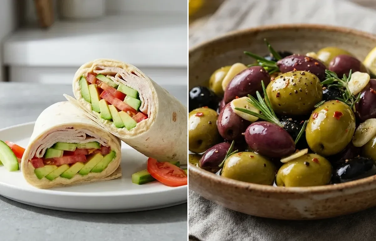 Marinated Olives with Turkey Hummus and Avocado Wrap
