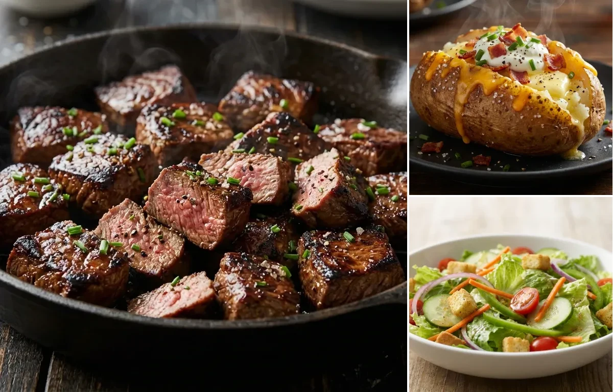 Marinated Steak Tips with Loaded Baked Potato and Garden Salad