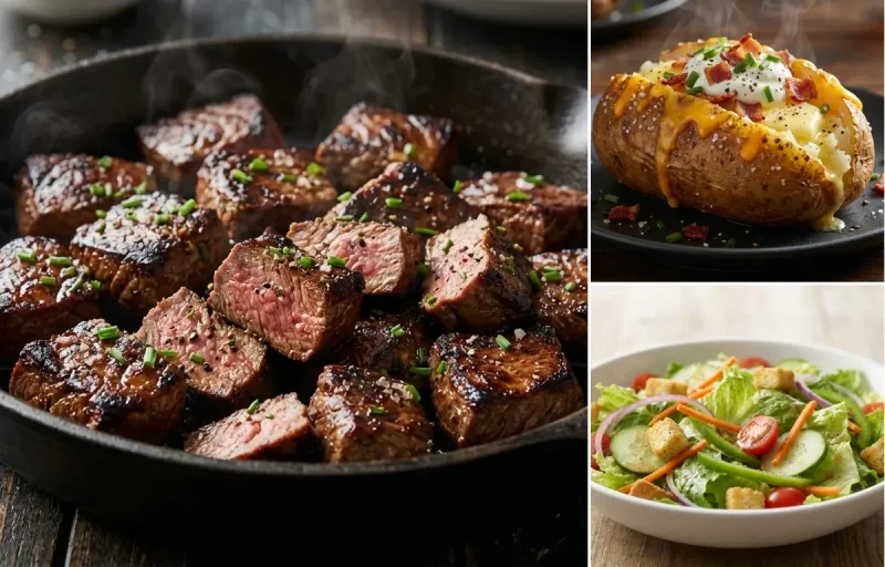 Marinated Steak Tips with Loaded Baked Potato and Garden Salad