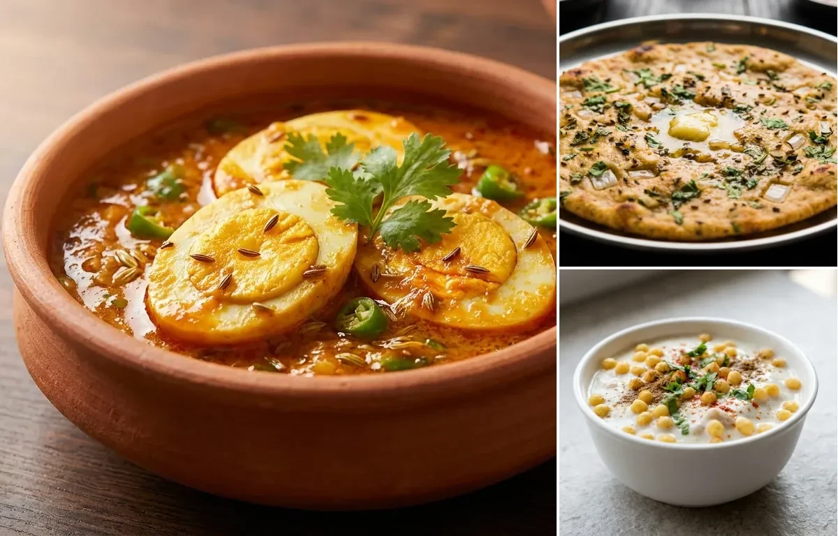 Marwari Egg Curry with Missi Roti and Boondi Raita
