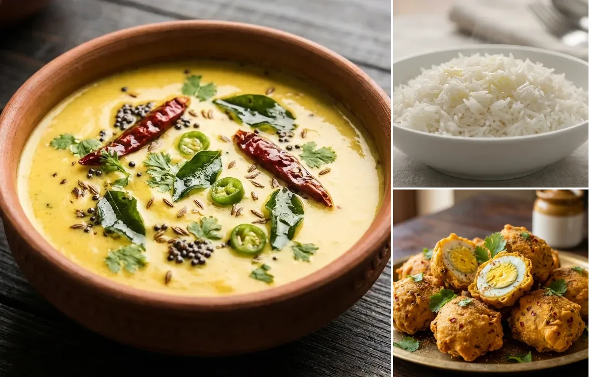 Marwari Kadhi with Steamed Basmati Rice and Egg Pakora