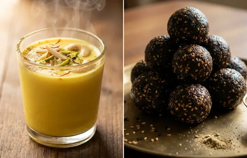 Masala Doodh with Ellu Urundai with Grated Apple