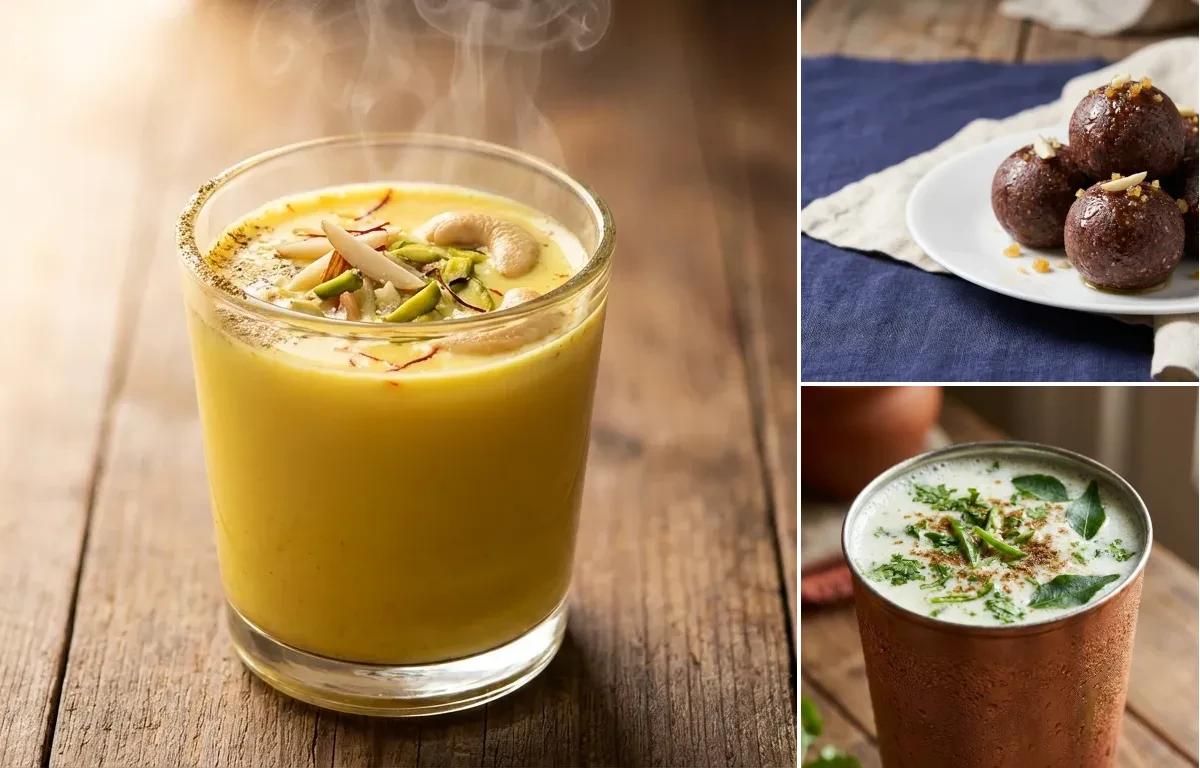 Masala Doodh with Ragi Laddu with Chaas