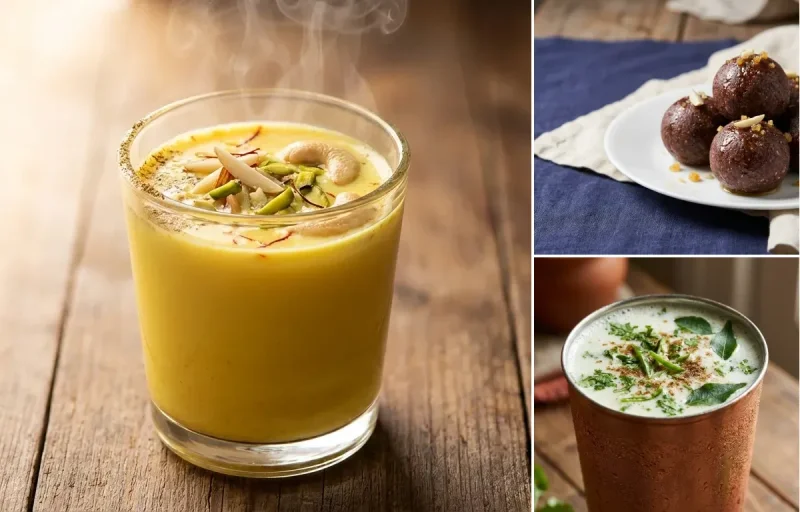 Masala Doodh with Ragi Laddu with Chaas