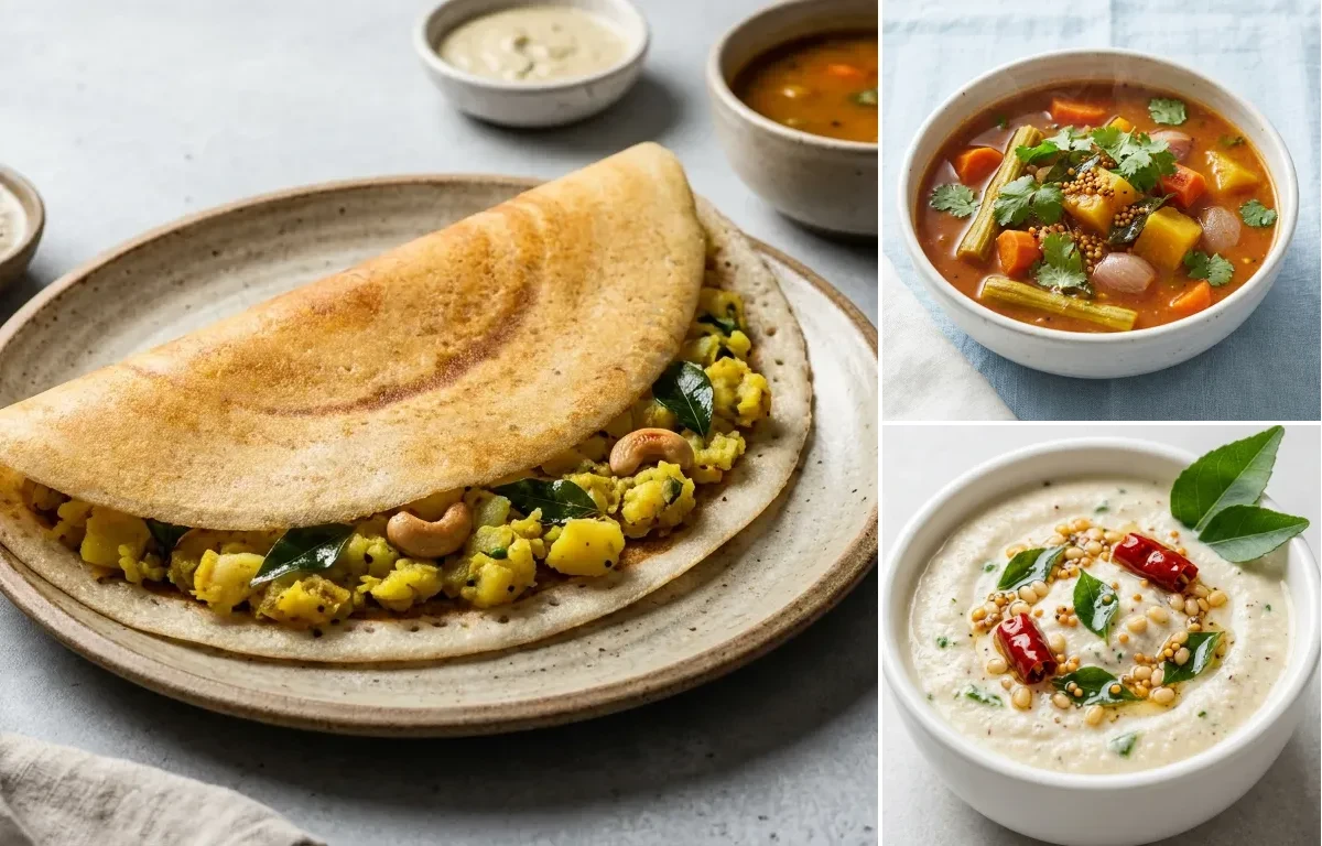 Masala Dosa, Hotel-Style Sambar and Coconut Chutney
