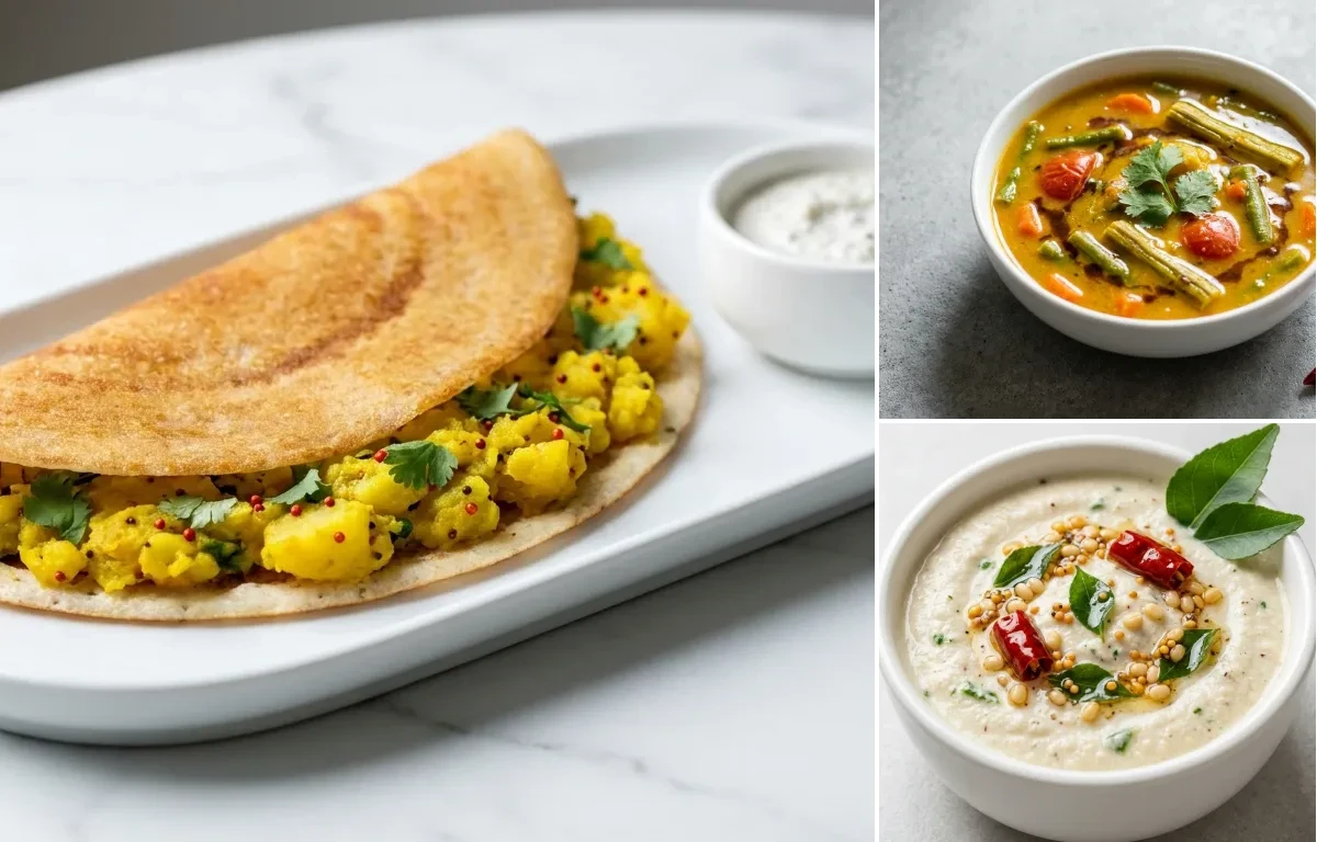 Masala Dosa, Sambar and Coconut Chutney