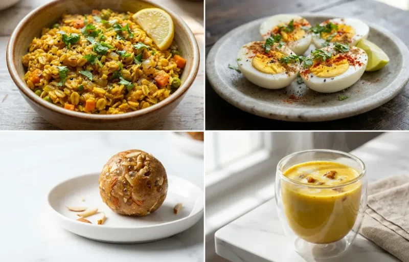 Masala Oats with Boiled Eggs with Gond Ladoo with Milk