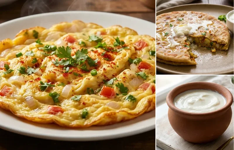 Masala Omelette with Aloo Paratha and Curd