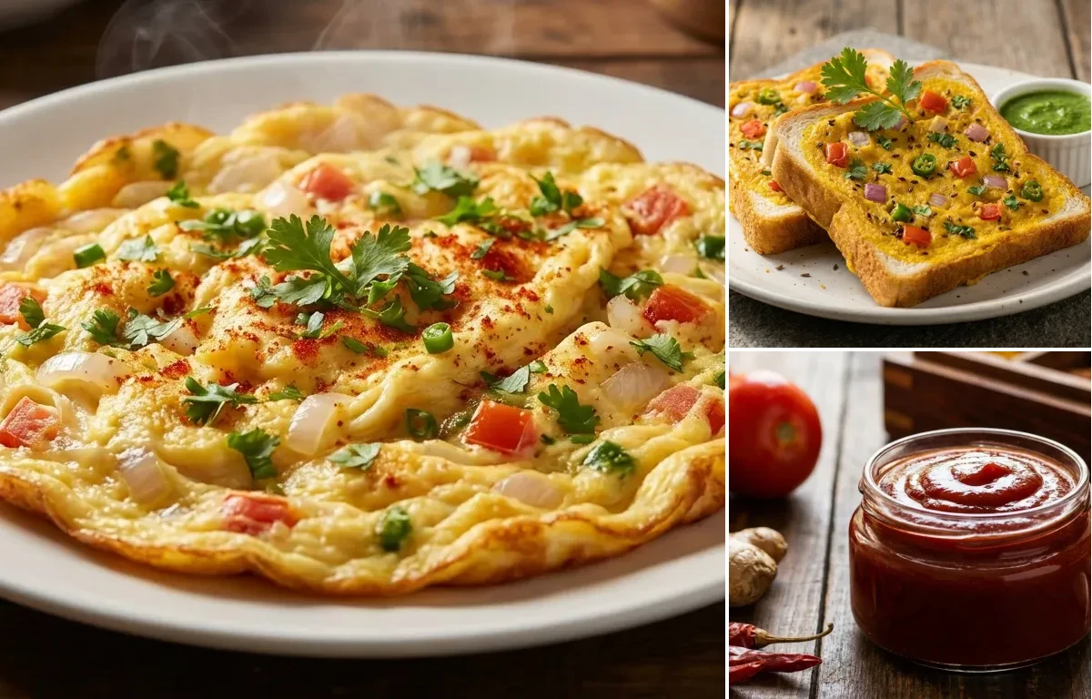 Masala Omelette with Bread Toast and Tomato Ketchup