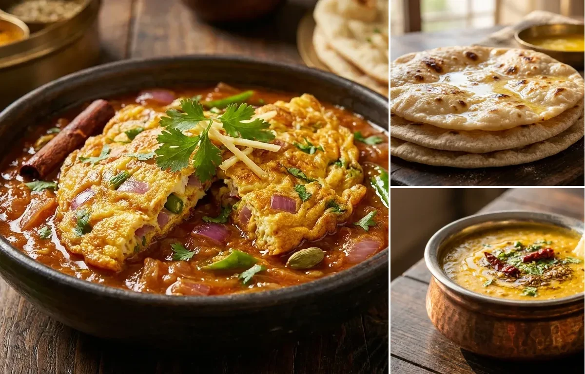 Masala Omelette Curry with Chapati and Dal Fry