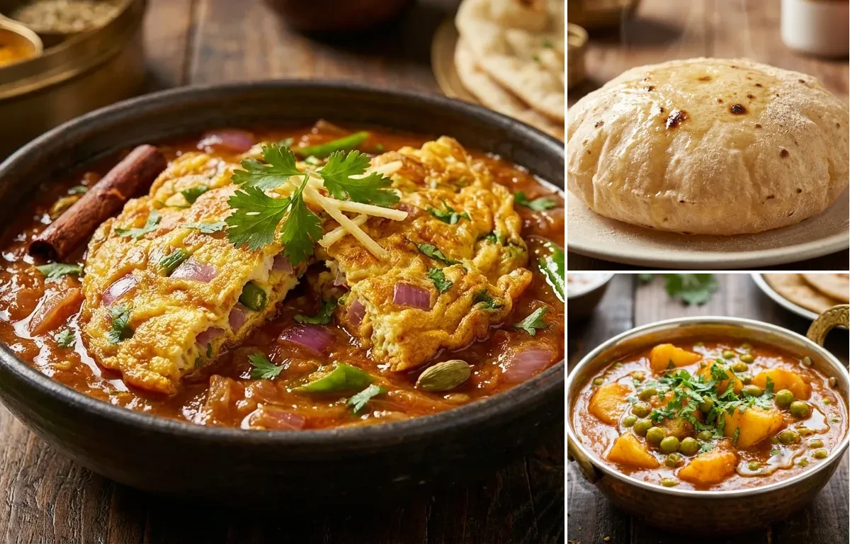 Masala Omelette Curry with Phulka and Aloo Matar Curry