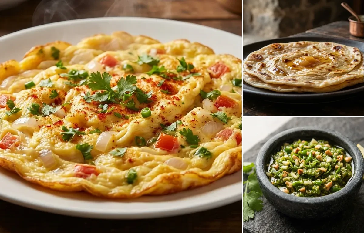 Masala Omelette with Ghadichi Poli and Green Chili Thecha