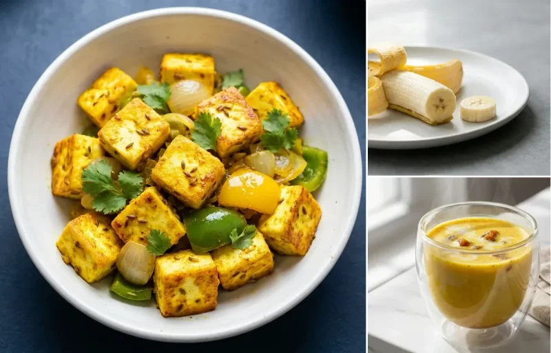 Masala Paneer Cubes with Banana with Milk