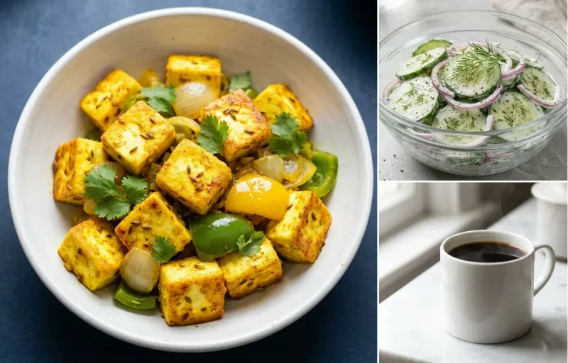 Masala Paneer Cubes with Cucumber Salad with Black Coffee
