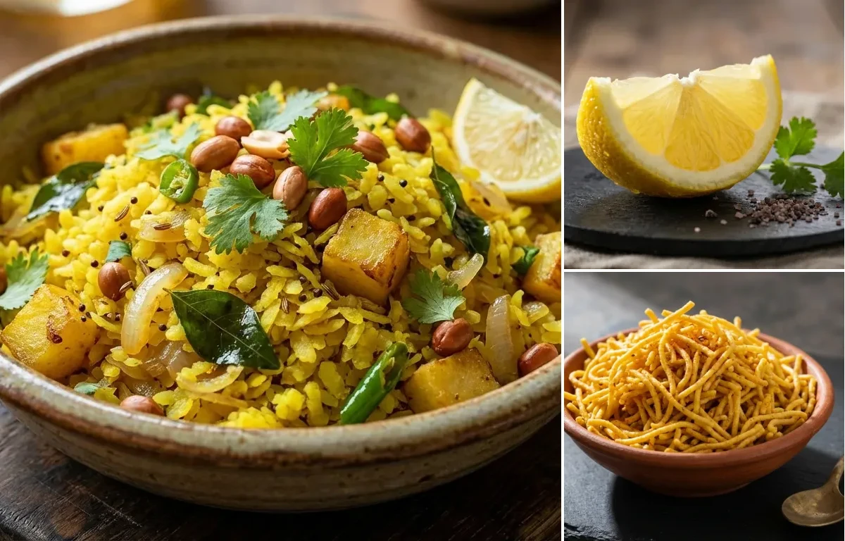 Masala Poha with Lemon Wedge and Besan Sev