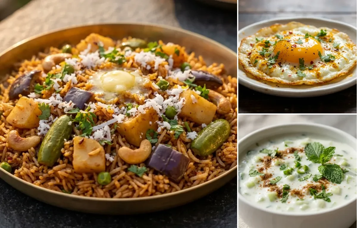 Masale Bhaat with Fried Egg and Cucumber Raita