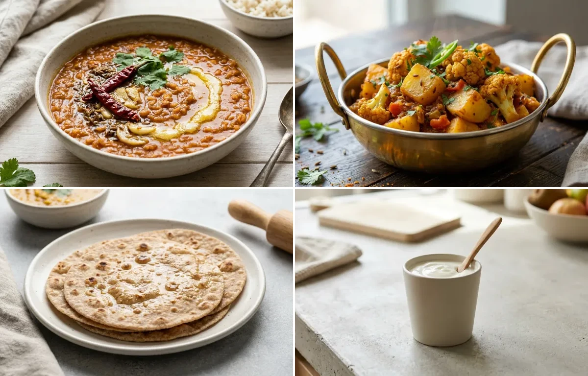 Masoor Dal with Aloo Gobi, No-Salt Whole Wheat Roti and Plain Yogurt Cup