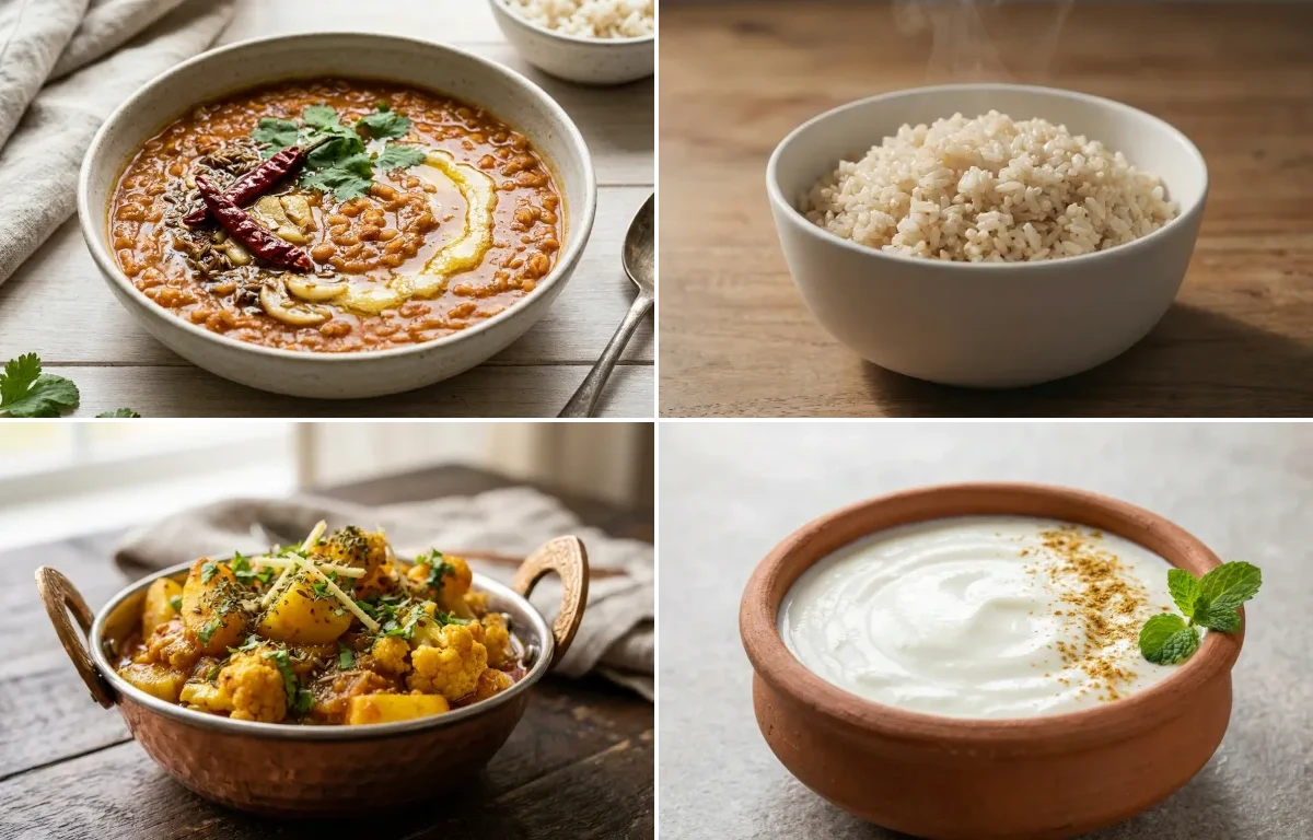 Masoor Dal with Steamed White Rice with Aloo Gobi Sabzi with Dahi
