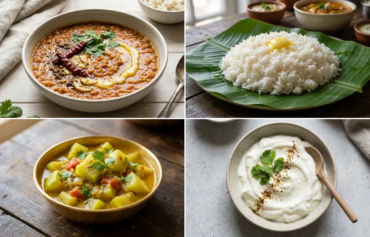 Masoor Dal with Steamed White Rice with Lauki Sabzi with Plain Dahi