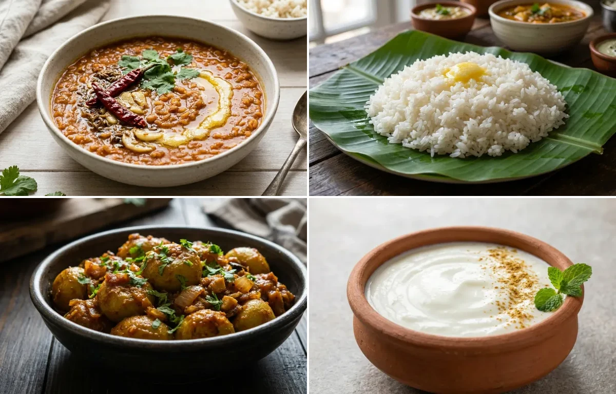 Masoor Dal with Steamed White Rice with Tinda Masala with Dahi