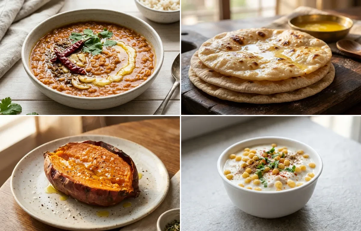 Masoor Dal with Chapati, Baked Sweet Potato, Boondi Raita and Garlic Chutney