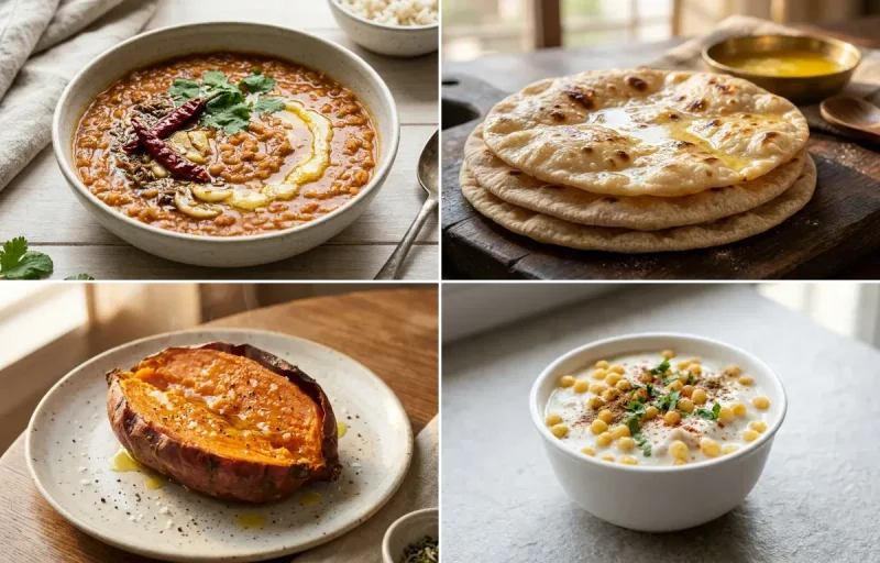 Masoor Dal with Chapati, Baked Sweet Potato, Boondi Raita and Garlic Chutney