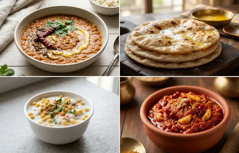 Masoor Dal with Chapati, Mashed Sweet Potato, Boondi Raita and Garlic Chutney