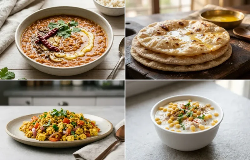 Masoor Dal with Chapati, Vegan Tofu Bhurji, Boondi Raita and Garlic Chutney