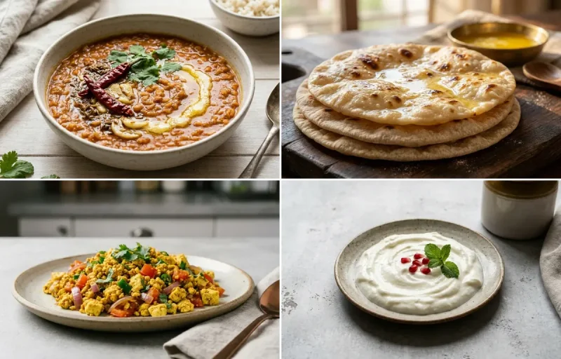 Masoor Dal with Chapati, Vegan Tofu Bhurji, Plain Curd and Mint Coriander Chutney No-Salt