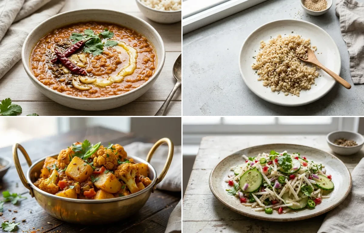 Masoor Dal with Cooked Brown Rice Half Cup, Aloo Gobi and Mooli Cucumber Salad