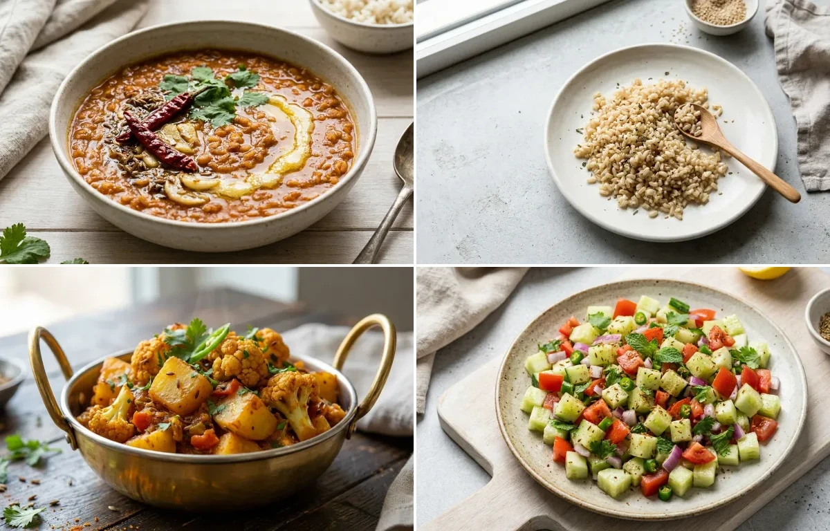 Masoor Dal with Cooked Brown Rice Half Cup, Aloo Gobi and No-Salt Lemon Cucumber Kachumber