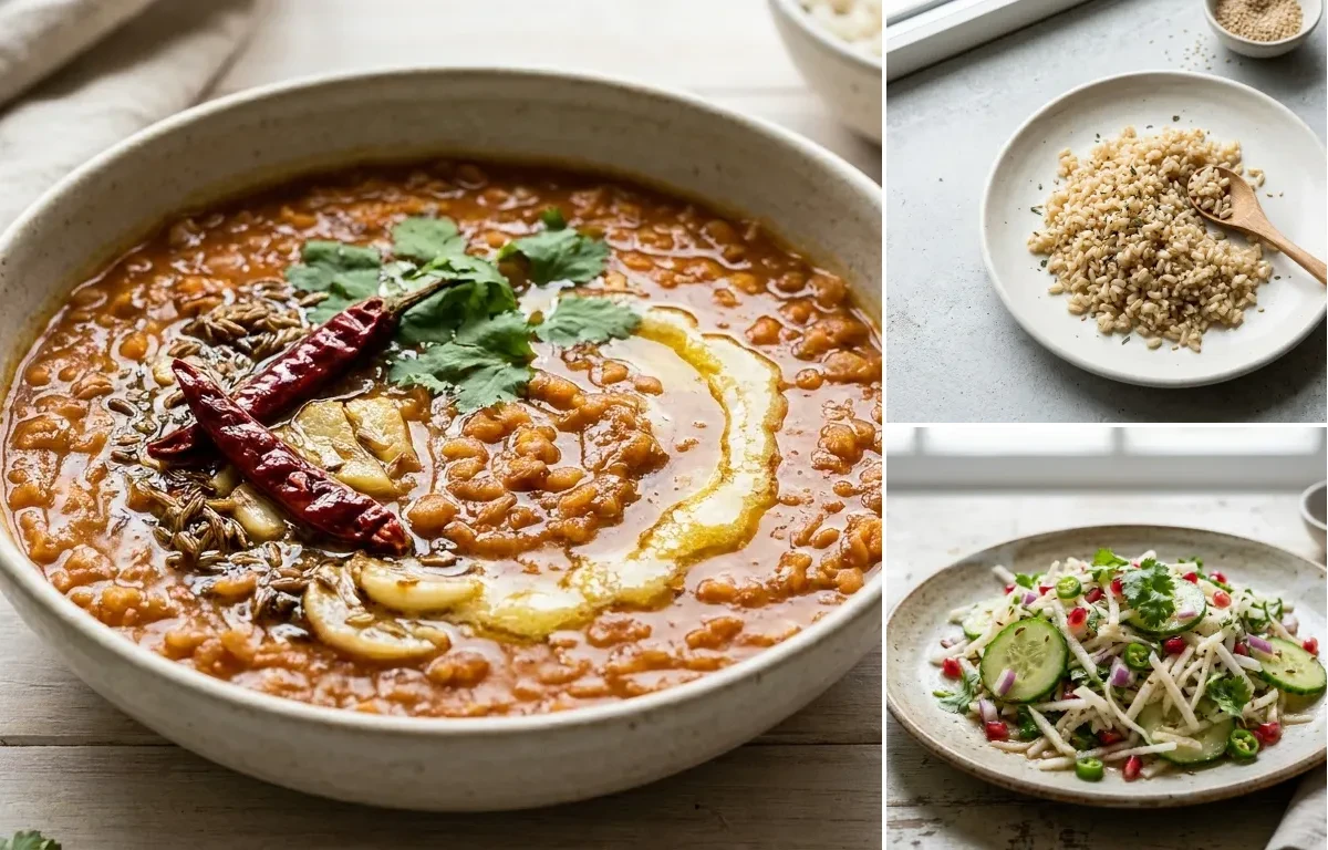 Masoor Dal with Cooked Brown Rice Half Cup, Mashed Sweet Potato and Mooli Cucumber Salad