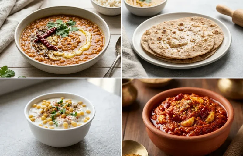 Masoor Dal with No-Salt Whole Wheat Roti, Mashed Sweet Potato, Boondi Raita and Garlic Chutney
