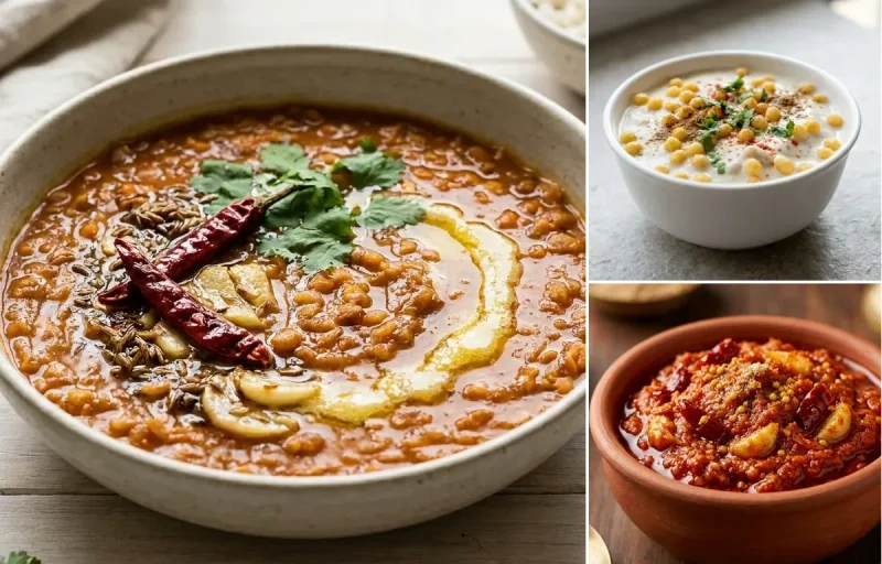 Masoor Dal with One Chapati, Mashed Sweet Potato, Boondi Raita and Garlic Chutney