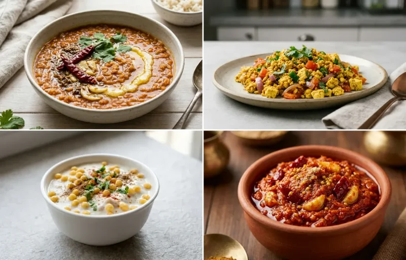 Masoor Dal with One Chapati, Vegan Tofu Bhurji, Boondi Raita and Garlic Chutney