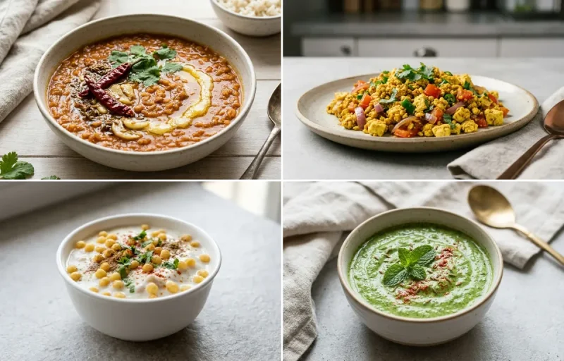 Masoor Dal with One Chapati, Vegan Tofu Bhurji, Boondi Raita and Mint Yogurt Chutney