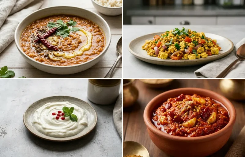 Masoor Dal with One Chapati, Vegan Tofu Bhurji, Plain Curd and Garlic Chutney