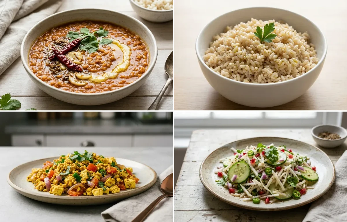 Masoor Dal with Steamed Brown Rice, Vegan Tofu Bhurji and Mooli Cucumber Salad