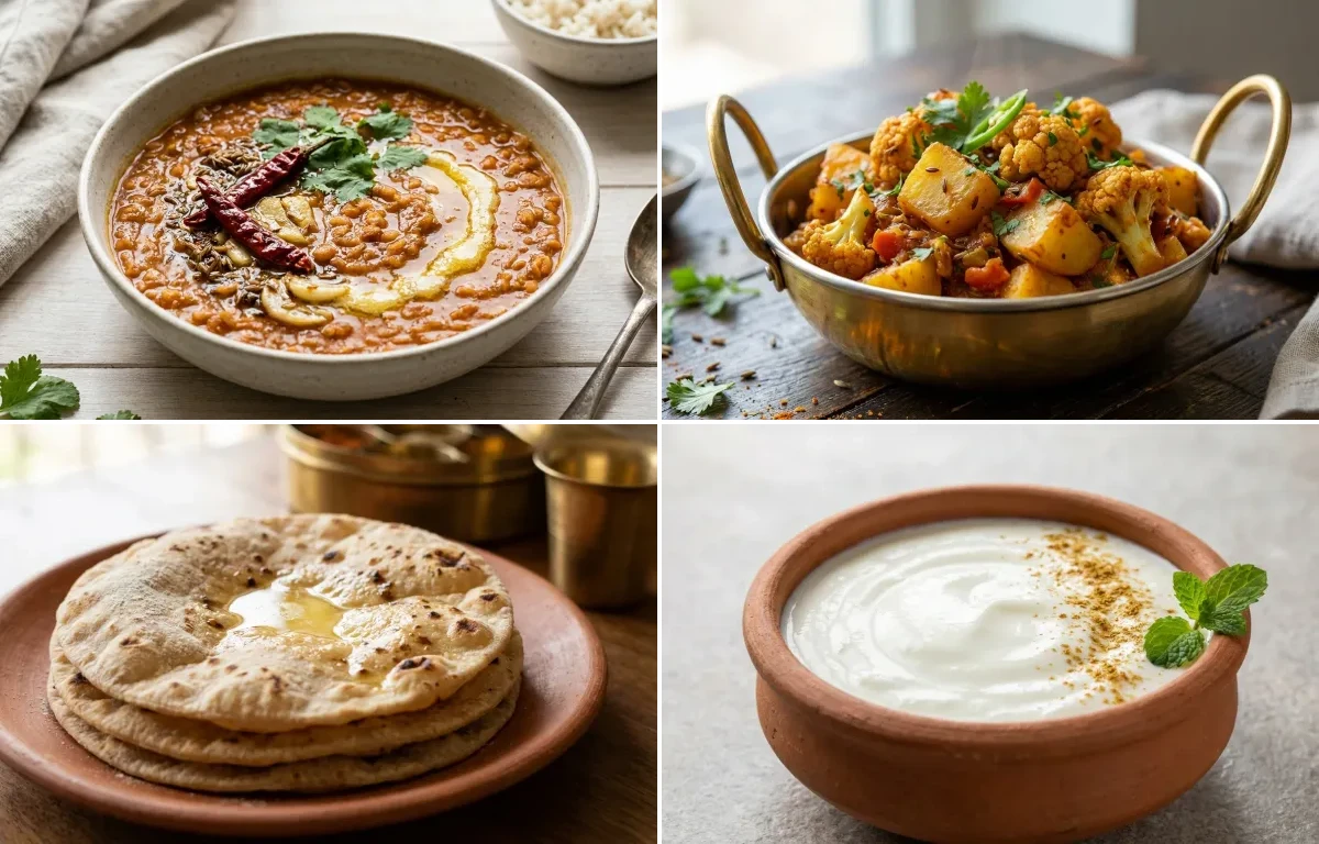 Masoor Dal with Steamed Rice with Aloo Gobi with Roti with Dahi