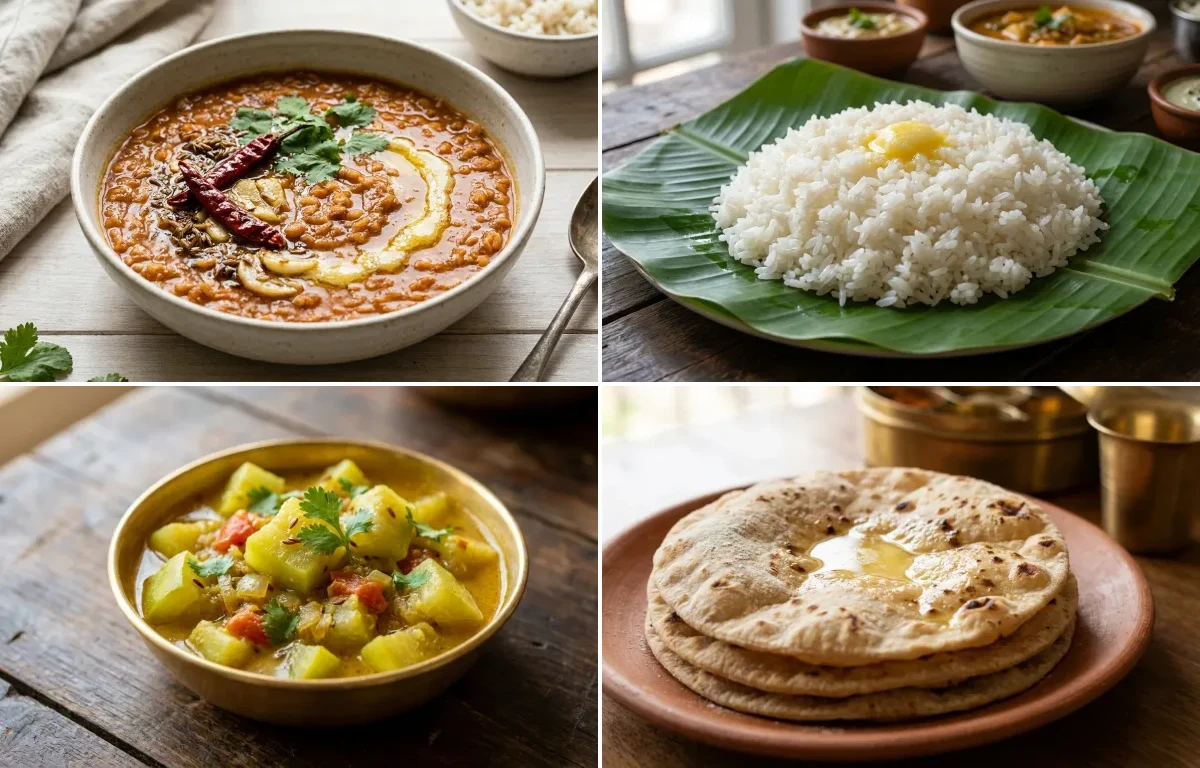 Masoor Dal with Steamed Rice with Lauki Sabzi with Roti with Dahi