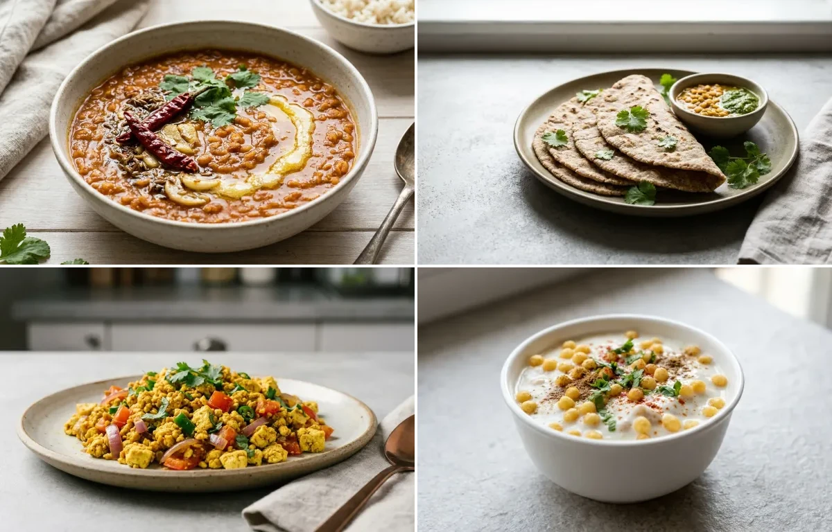 Masoor Dal with Vegan Jowar Roti, Vegan Tofu Bhurji, Boondi Raita and Mint Yogurt Chutney