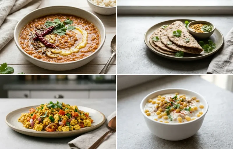 Masoor Dal with Vegan Jowar Roti, Vegan Tofu Bhurji, Boondi Raita and Mint Yogurt Chutney