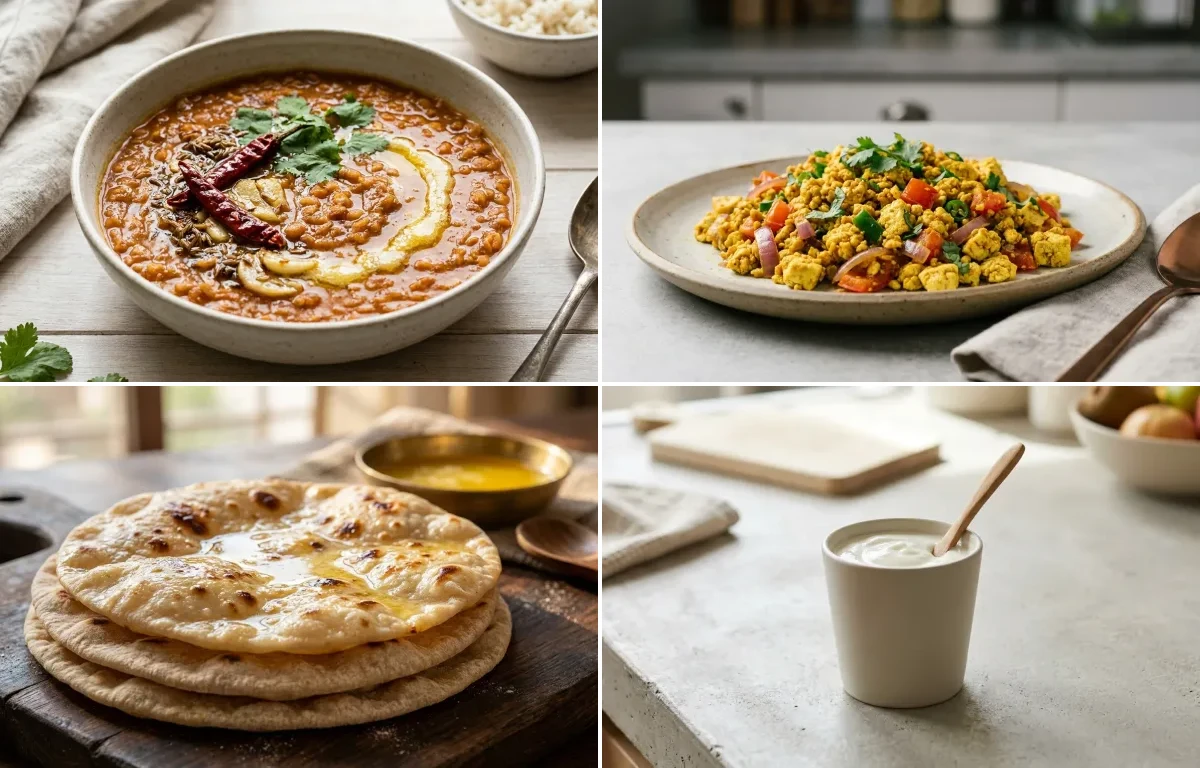 Masoor Dal with Vegan Tofu Bhurji, Chapati and Plain Yogurt Cup