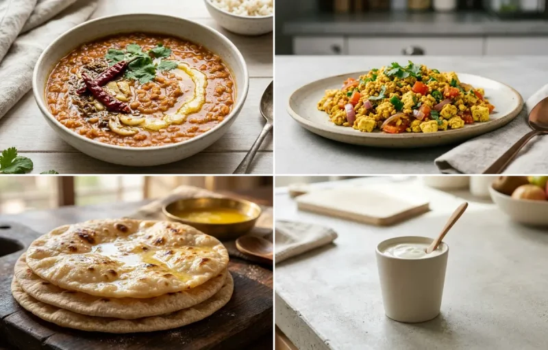 Masoor Dal with Vegan Tofu Bhurji, Chapati and Plain Yogurt Cup